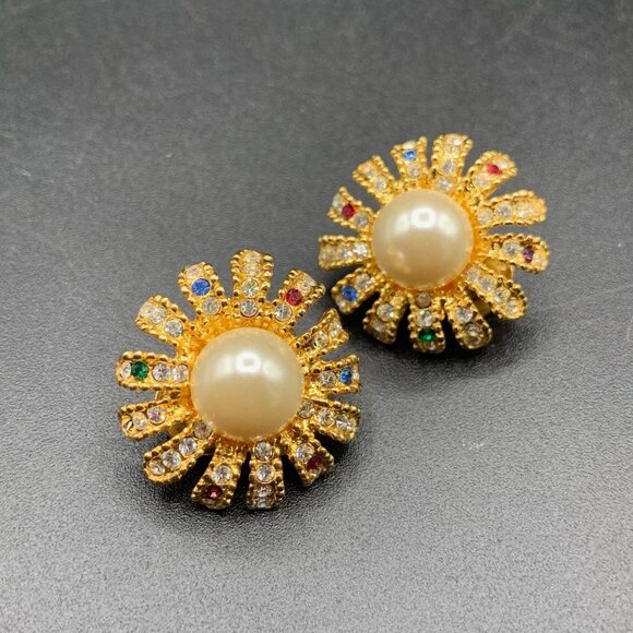 Vintage 80s Daisy Flowers Clipon Earrings Rhinestones Pearl Accents Floral - Picture 4 of 6